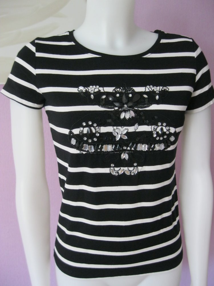 T-Shirt # gestreift # Strass # Schwarz/Weiß # kurzärmlig # S
