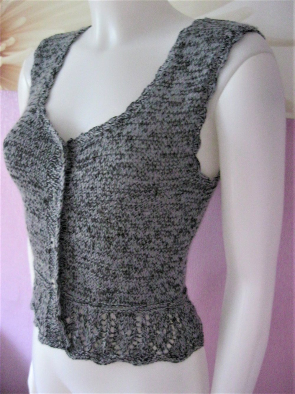 NEU Strickweste Grau/Schwarz meliert Schurwolle/Baumwolle Handmade S/M