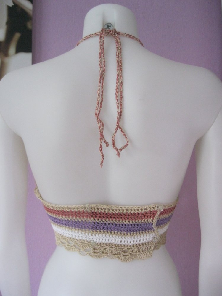 NEU Neckholder-Top gestreift 100% Baumwolle beige/bunt M-XL 
