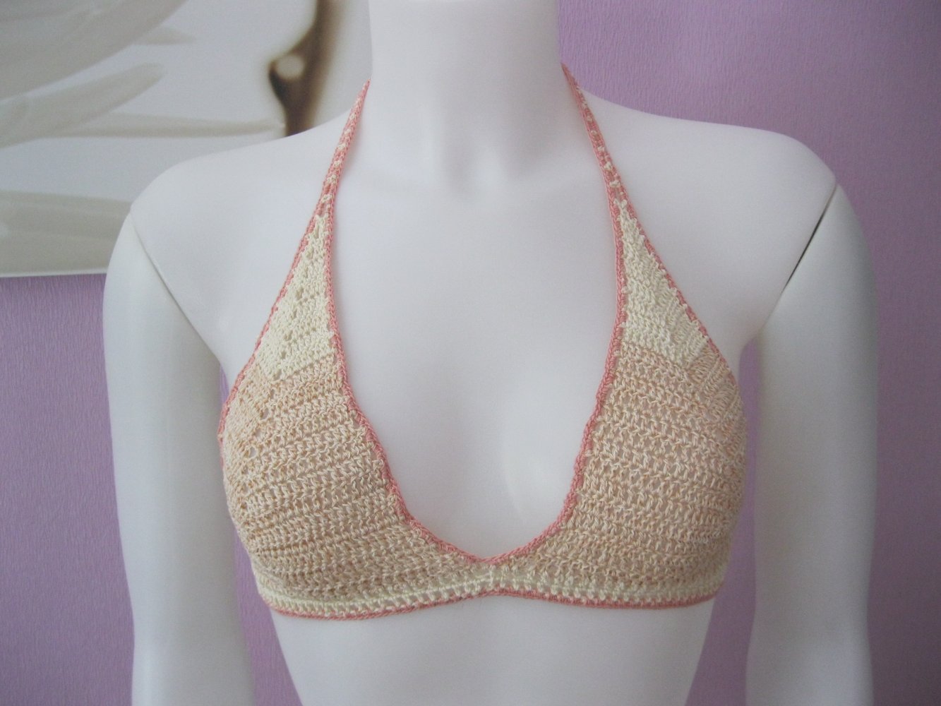 NEU Bikini-Oberteil gehäkelt Handmade Vintage Altrosa meliert/Beige 100% Baumwolle Cup B