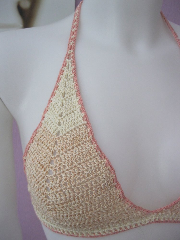 NEU Bikini-Oberteil gehäkelt Handmade Vintage Altrosa meliert/Beige 100% Baumwolle Cup B