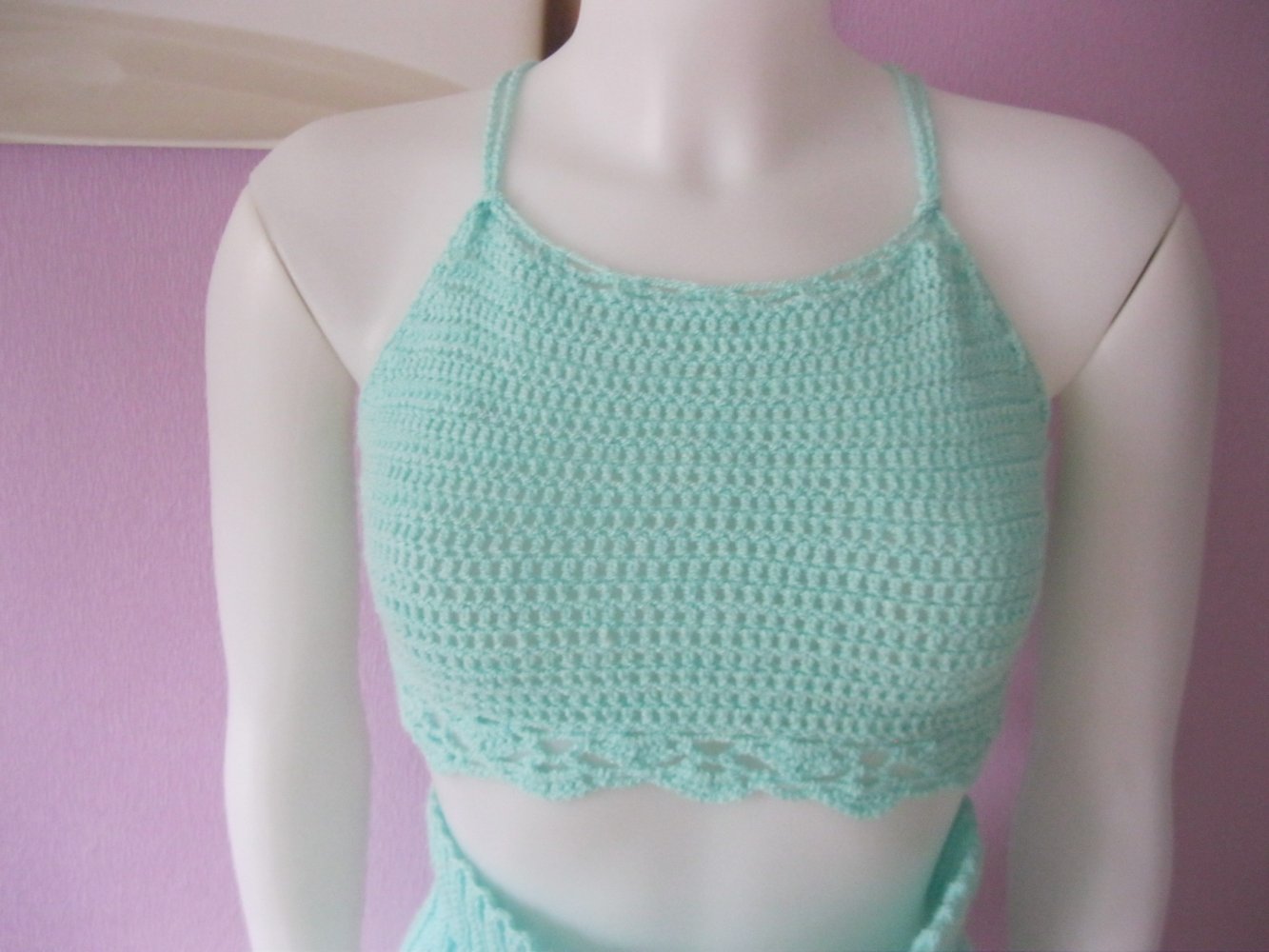 NEU 2-Teiler Strickhose mit Crop-Top Handmade Mintgrün Einheitsgröße