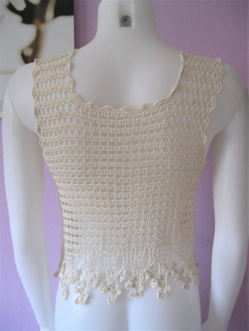 NEU Tank-Top Handmade gehäkelt 100% Baumwolle Beige S/M