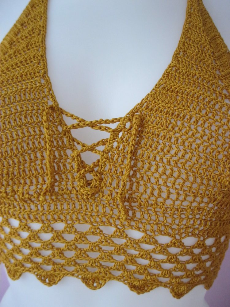 NEU Neckholder-Top Handmade 100% Baumwolle Cup A/B Ocker S-M