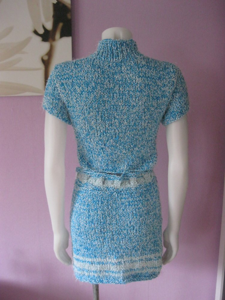 NEU 2-Teiler Rock + Kurzarmpulli gestrickt Handmade Türkis/Mint S-L