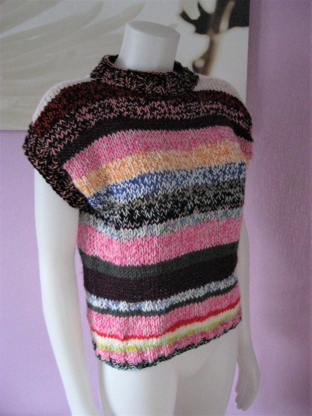 NEU Regenbogen Strickpullover kurzärmlig bunt gestreift Handmade Schurwolle/Acryl Einheitsgröße