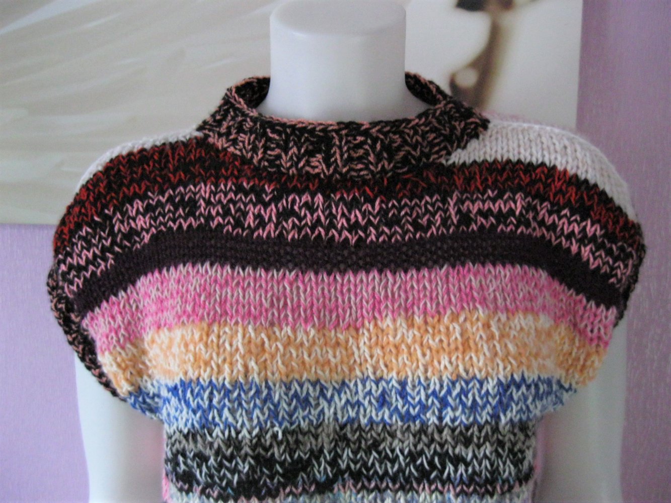 NEU Regenbogen Strickpullover kurzärmlig bunt gestreift Handmade Schurwolle/Acryl Einheitsgröße