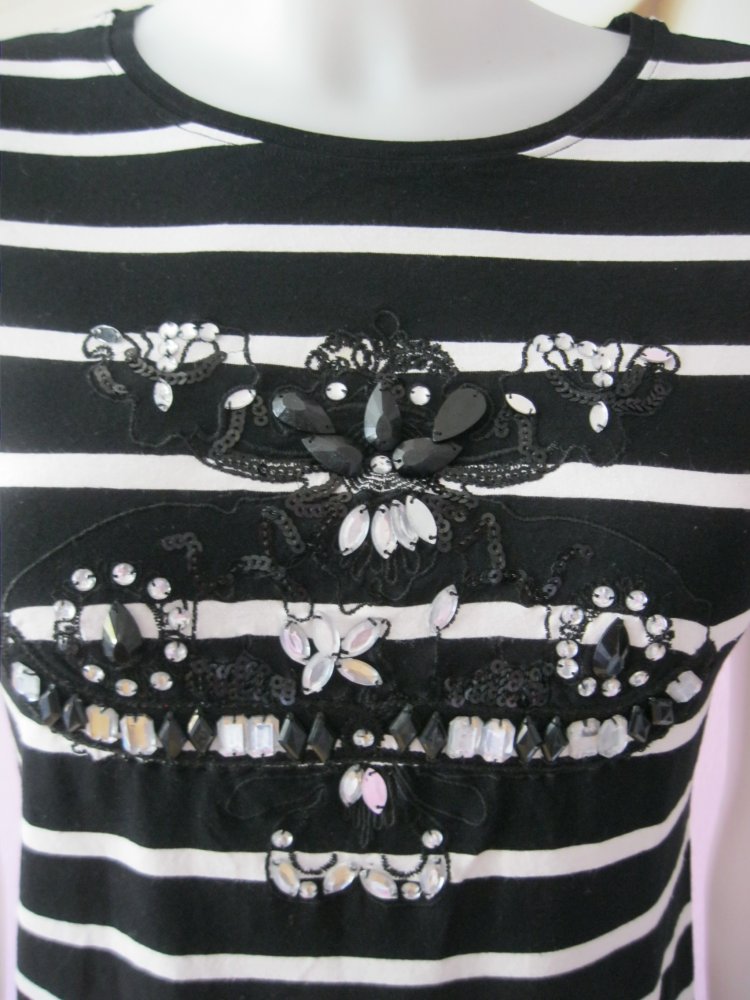 T-Shirt # gestreift # Strass # Schwarz/Weiß # kurzärmlig # S