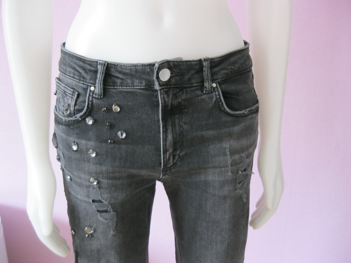 Zara Ripped Jeans Strass Baumwolle Schwarz 38