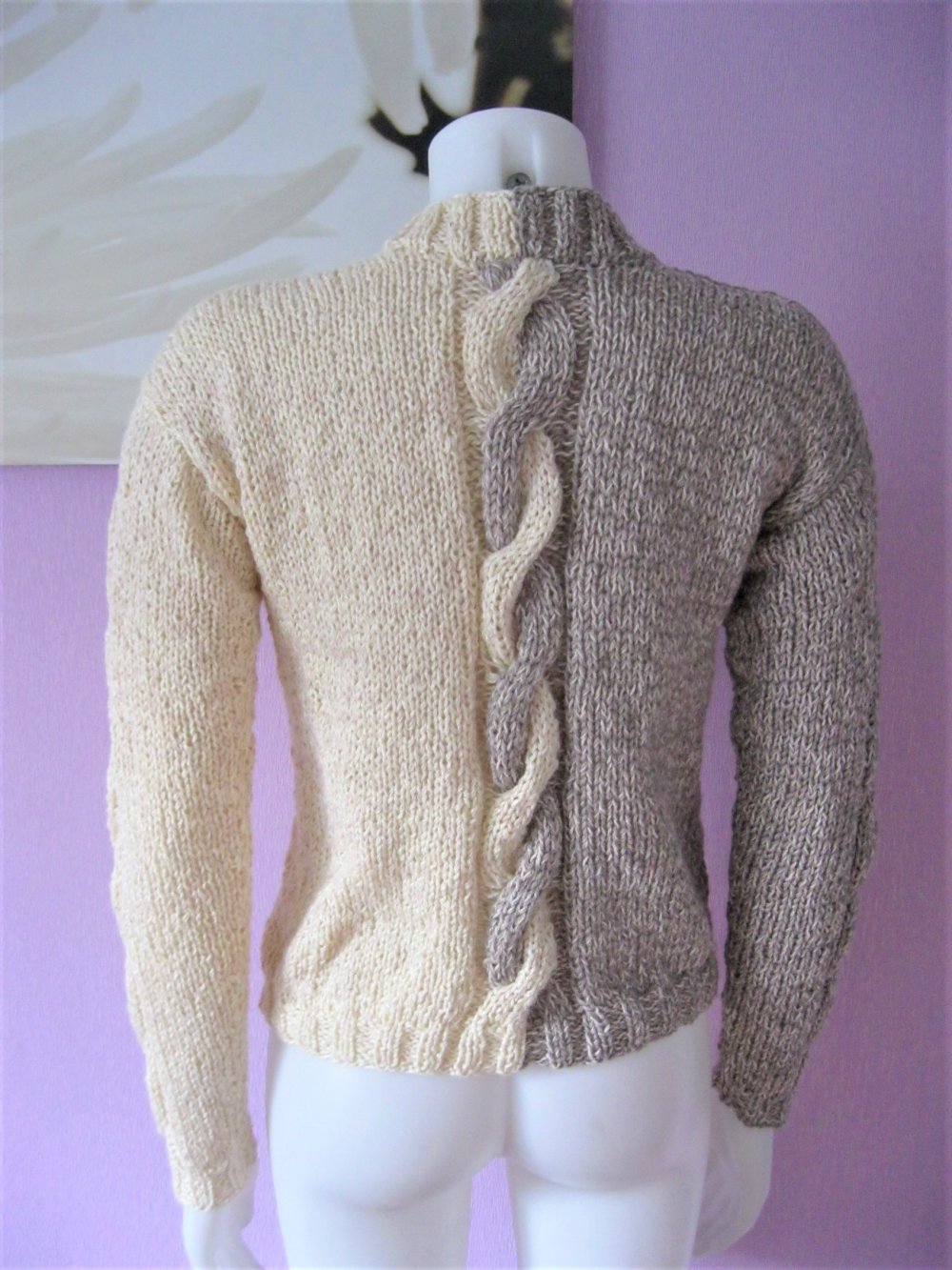 NEU Strickpullover Handmade 100% Schurwolle Beige/Khakigrau meliert Stehkragen 36-40 (S-L)