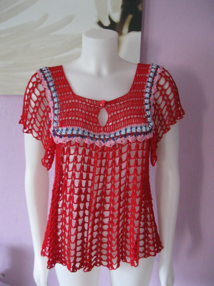 NEU # gehäkelte Tunika # Handmade # Unikat # 100% Baumwolle # Fächermuster # Rot # Einheitsgröße