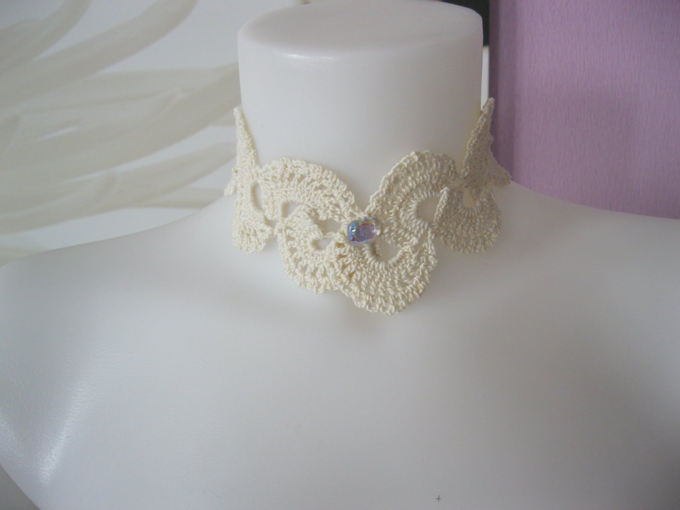 NEU Tattoo-Halsband Kropfband gehäkelt Spitze 100% Baumwolle Handmade Creme