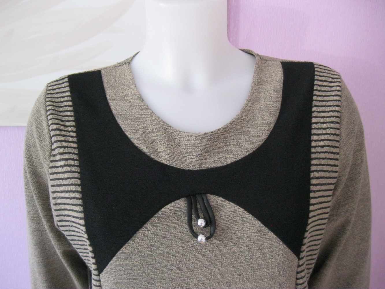 Pullover Viskose 1/2-ärmlig Beige/Schwarz M