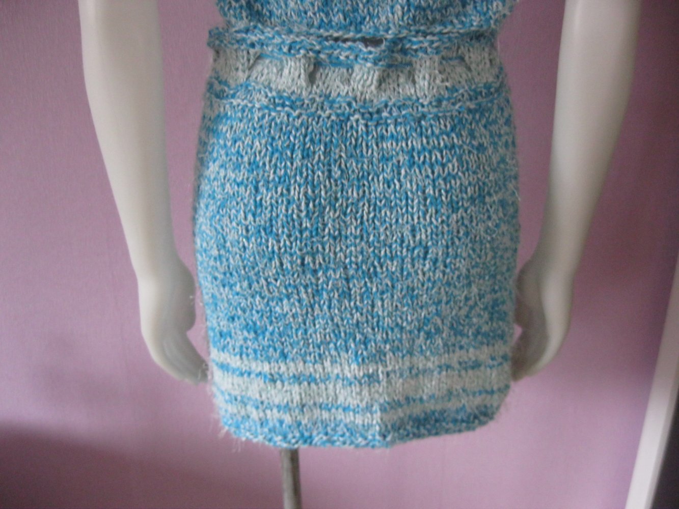 NEU 2-Teiler Rock + Kurzarmpulli gestrickt Handmade Türkis/Mint S-L