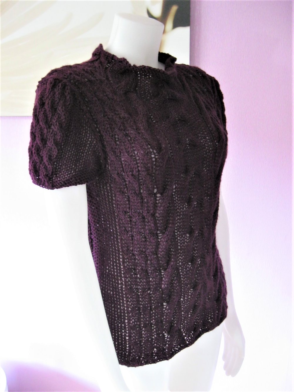 NEU Strickpulli Handmade kurzärmlig Mohair-Optik Brombeere/Lila M-XL