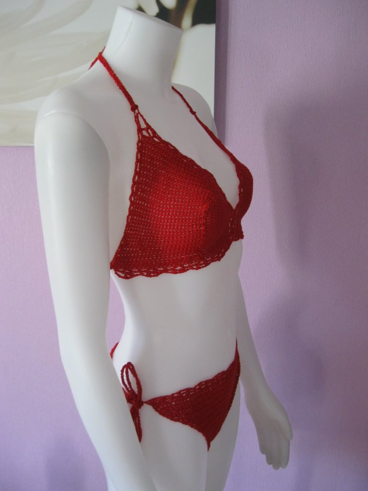 NEU Bikini 2-Teiler Retro-Design Rot Handmade 100% Baumwolle # Cup B/C