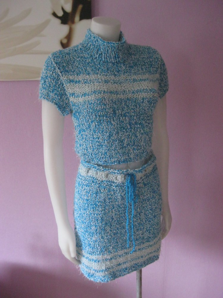 NEU 2-Teiler Rock + Kurzarmpulli gestrickt Handmade Türkis/Mint S-L
