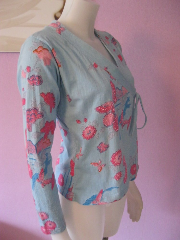 Langarm-Shirt # Binde-Shirt # Uttam London # Türkis # Blumen # Strass # S/M