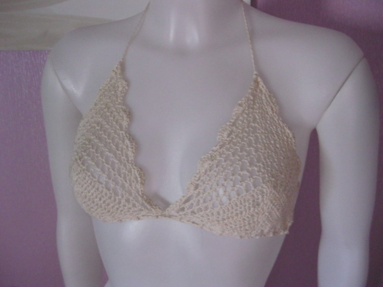 NEU Bikini-Oberteil 100% Baumwolle Retro-Design Handmade Creme Cup A/B
