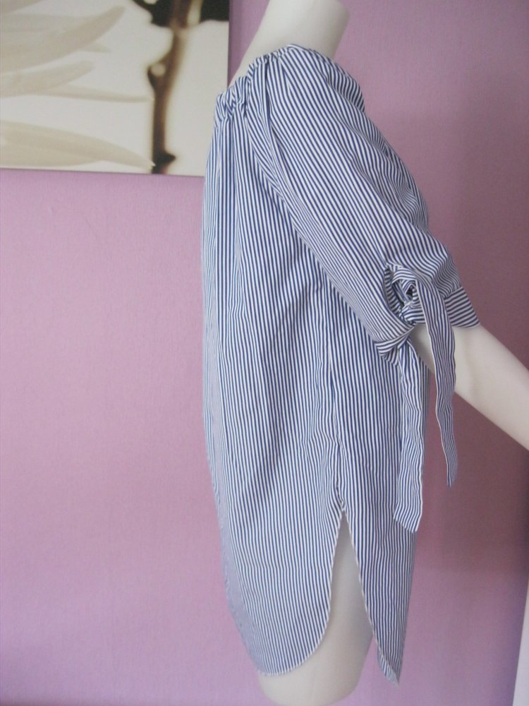 Bluse # gestreift # Halbarm # Carmen-Ausschnitt # Blau/Weiß # Baumwolle #  38