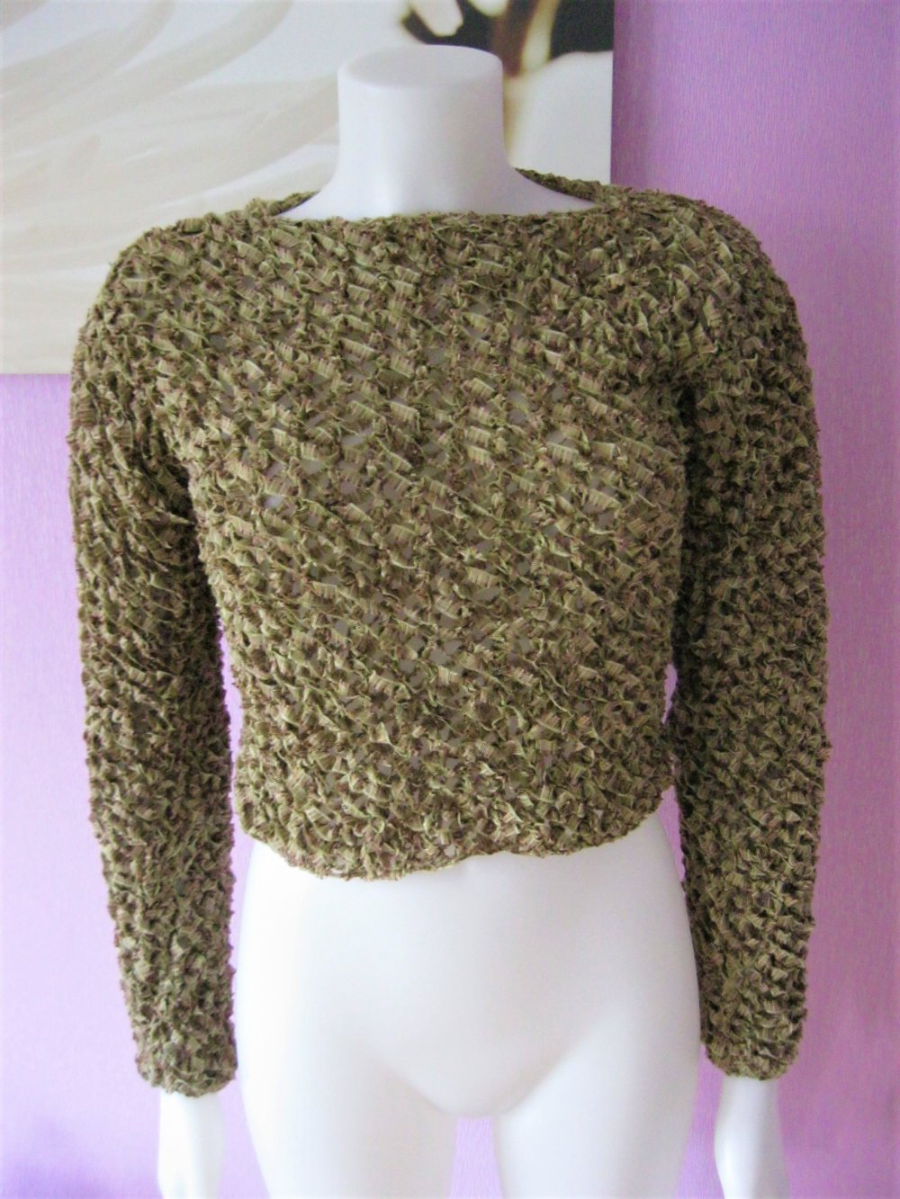 NEU Strickpullover langärmlig Grün/Beige meliert Handmade S-L