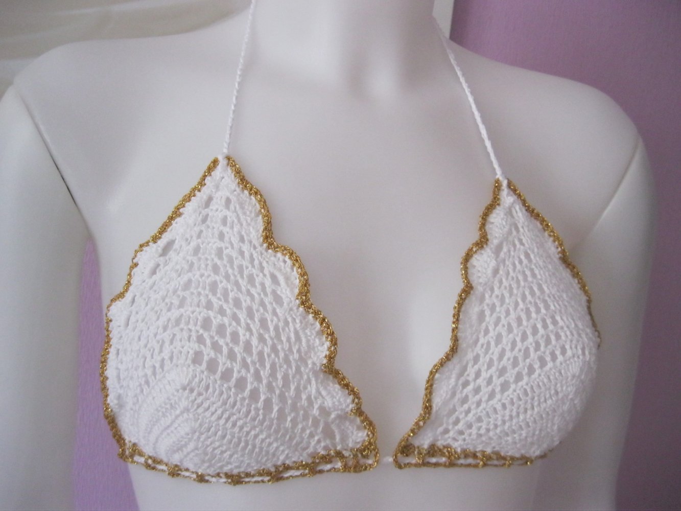 NEU Bikini-Oberteil Retro-Design Weiß / GOLD Baumwolle Handmade Cup A/B 