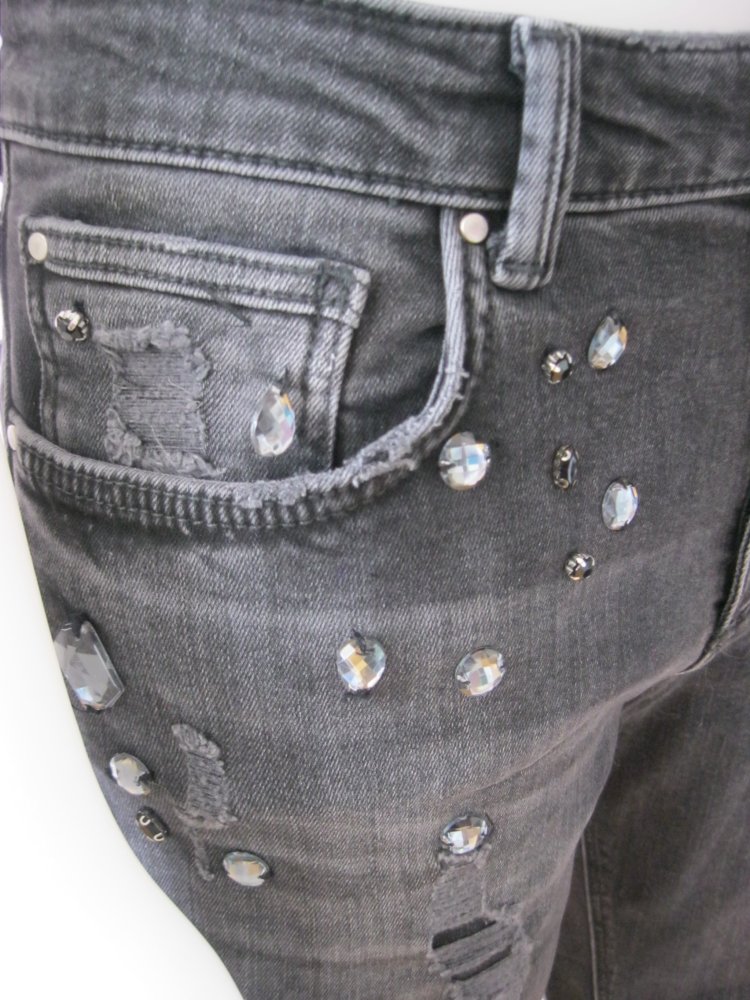 Zara Ripped Jeans Strass Baumwolle Schwarz 38