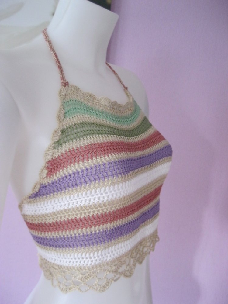 NEU Neckholder-Top gestreift 100% Baumwolle beige/bunt M-XL 