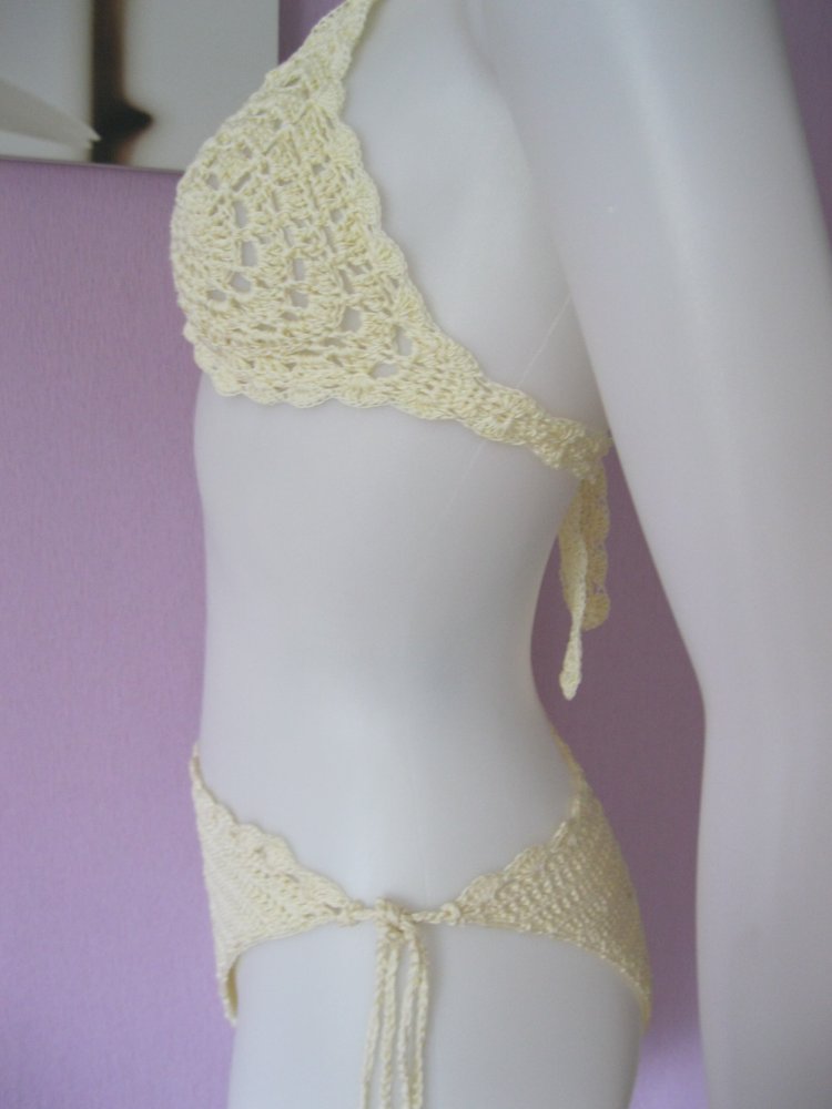 NEU Bikini 2-Teiler Retro-Design Vanille Handmade 100% Baumwolle Cup A/B