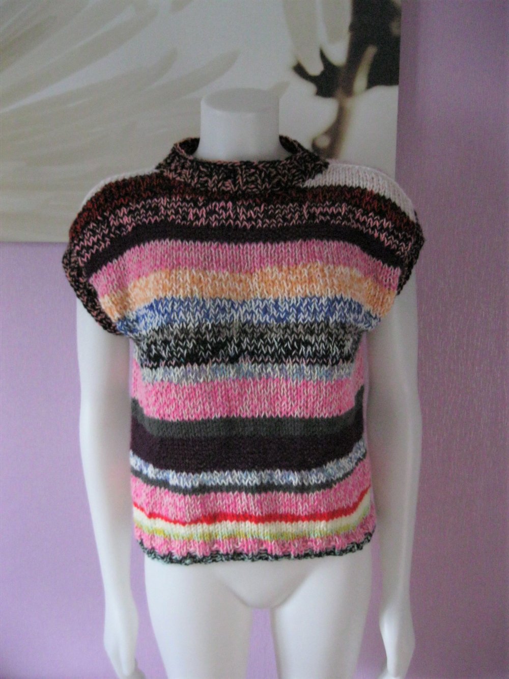 NEU Regenbogen Strickpullover kurzärmlig bunt gestreift Handmade Schurwolle/Acryl Einheitsgröße