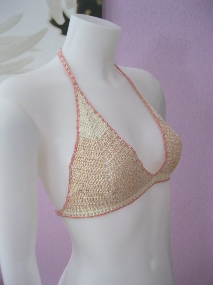 NEU Bikini-Oberteil gehäkelt Handmade Vintage Altrosa meliert/Beige 100% Baumwolle Cup B