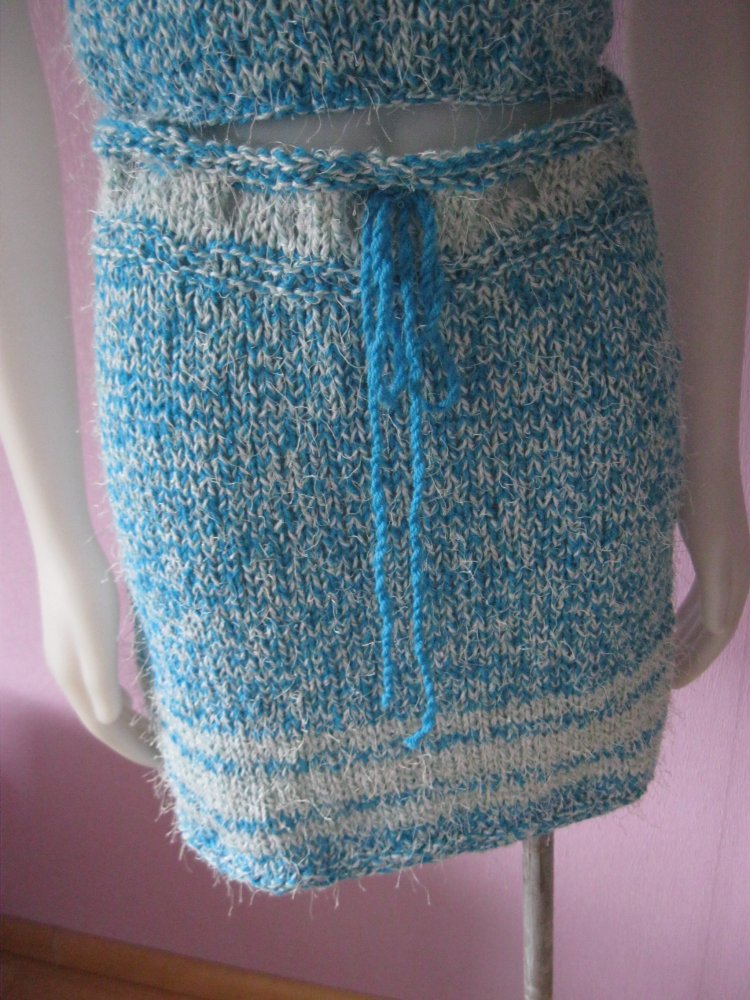 NEU 2-Teiler Rock + Kurzarmpulli gestrickt Handmade Türkis/Mint S-L