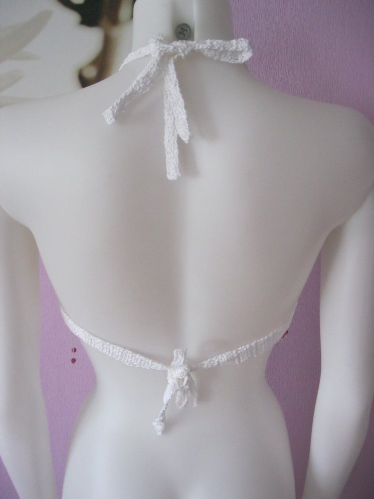 NEU Bikini-Oberteil gehäkelt Vintage Weiß 100% Baumwolle Cup A/B S/M