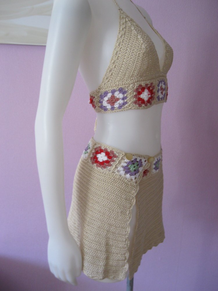 2-Teiler Rock + Neckholder-Top 100% Baumwolle Cup A/B beige/bunt