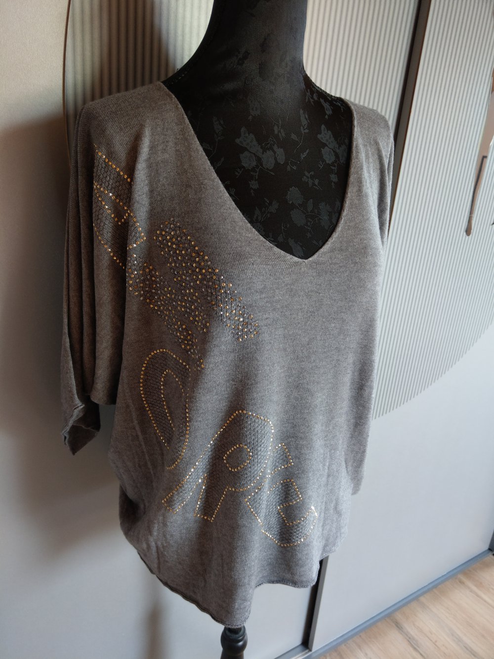 Pullover Shirt grau Steinchen Nadine Made in Italy Fledermaus Arm 