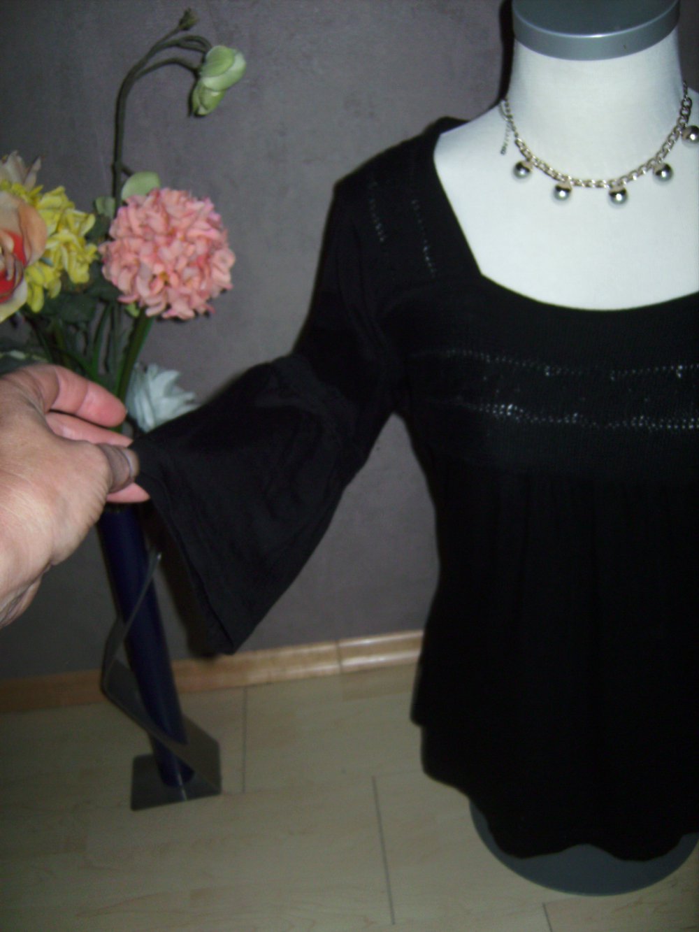 Shirt Tunika Street One Gr. 40, Peplum Ärmel, Passepartout U-Boot Kragen, Verziert, Volantärmel, feminin, romantic. Oberteil T-shirt Halbarm verspielt, Trompetenarm Street One, Strick Inlet`s