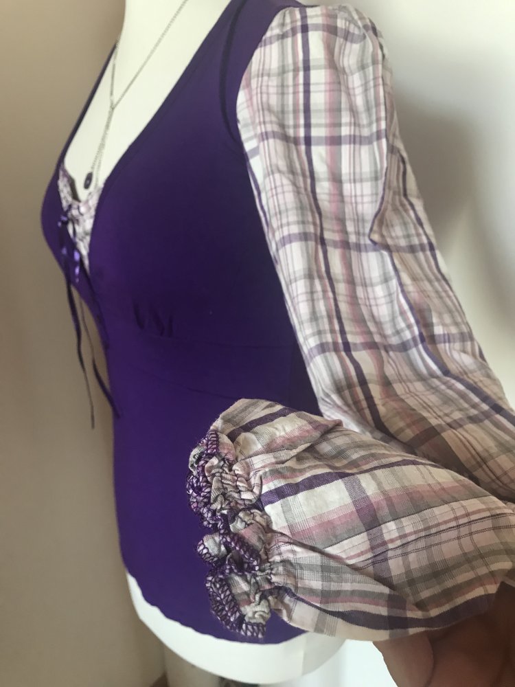 Blusenshirt 38 Ballonärmel Karobluse Twin Look y2k Retro Landhaus Look lila