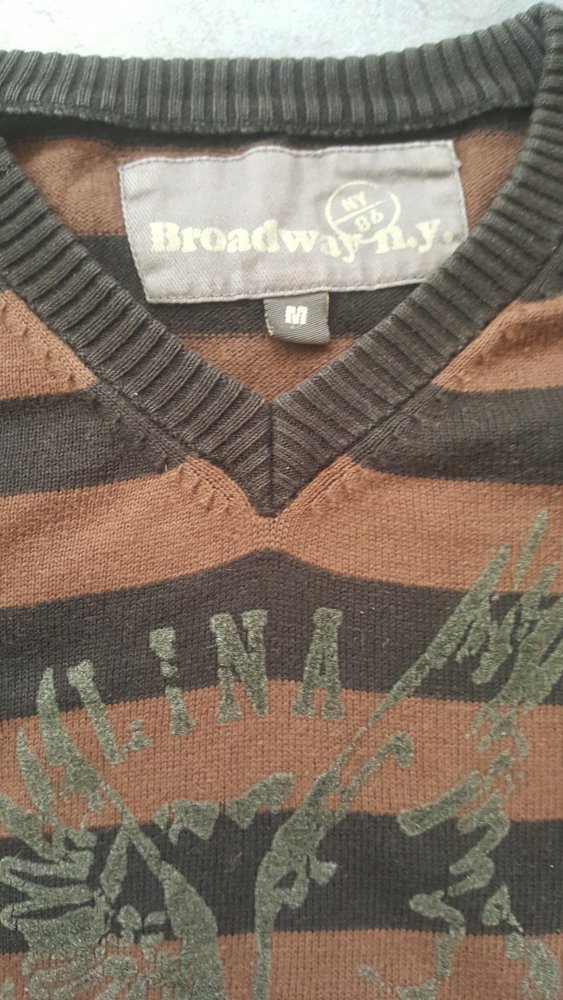 Pulli Baumwolle Blockstreifen Broadway S/M Langarm Herren V -Ausschnitt Schwarz Braun Oberteil Feinstrick Klassisch Eagle 