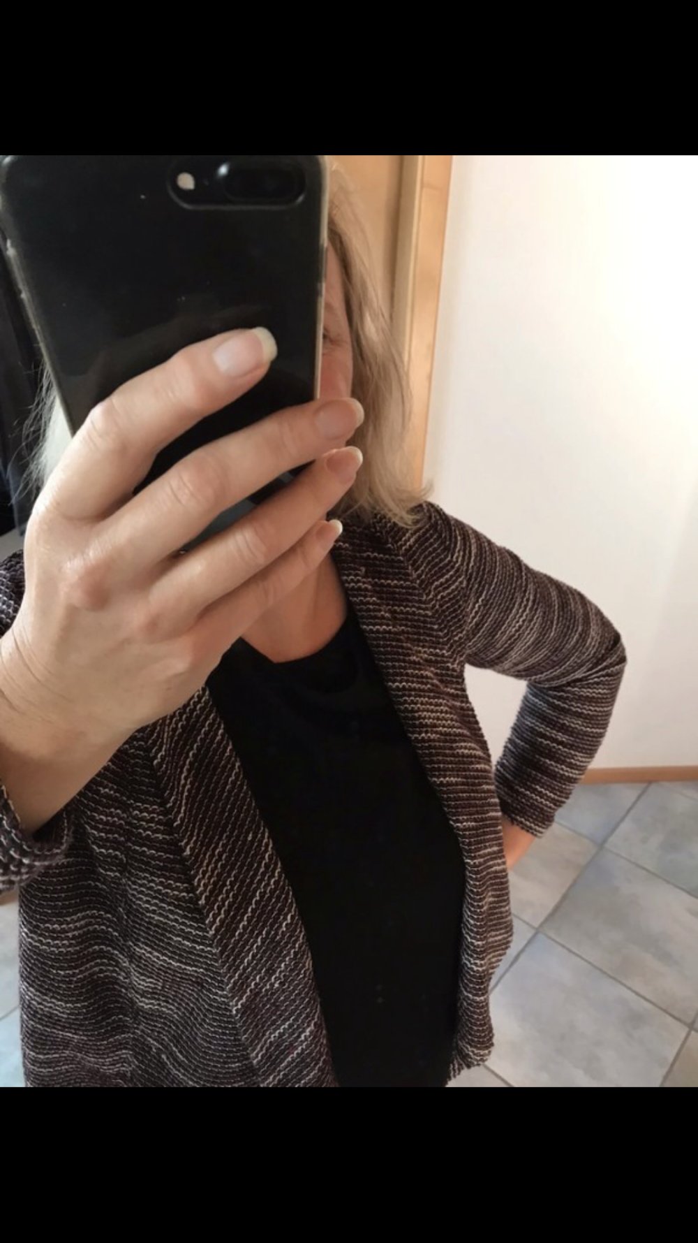 Jacke Cardigan Weste offen Oberteil Webtechnik Bouclé Optik 40/42 Zipfel Farbmix 