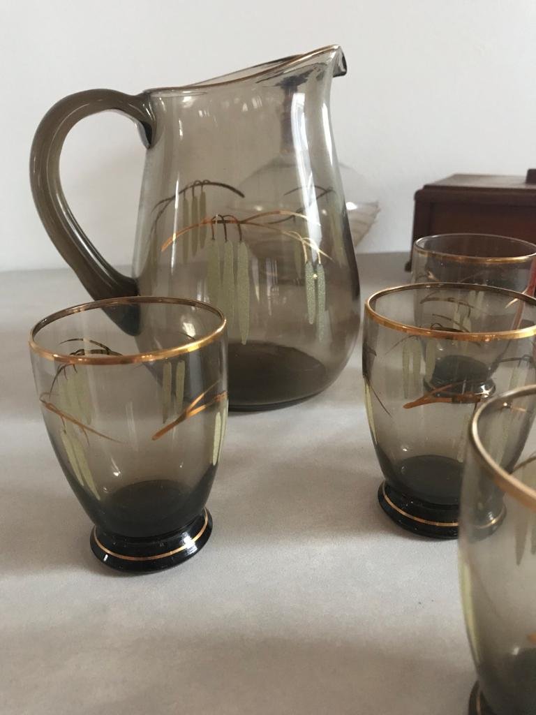 Karaffe Becher Set Rauchglas Gravur Goldrand 50 s Retro Gedeck Konvolut Anbiet Set Henkelkaraffe Glasbecher Art Deco 