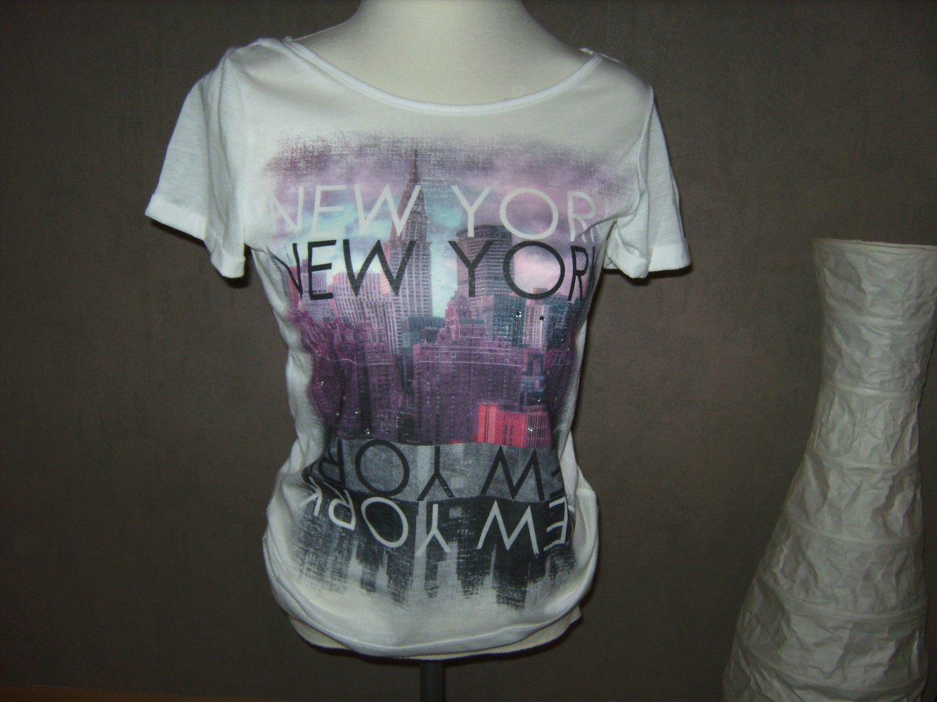 Shirt New York XS/S T-shirt Printdruck Glam Inprint Fotodruck Skyline 36/38 weiß semitransparent Kurzarm Fotoprint by Night