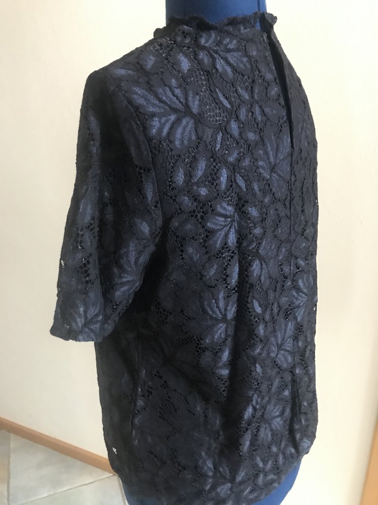 Blusenshirt Oberteil L nachtblau Spitze Tunika Shirt Bluse Blumen Edel Glamour 42 kurzarm Stehkragen festlich royal Design Buisiness 
