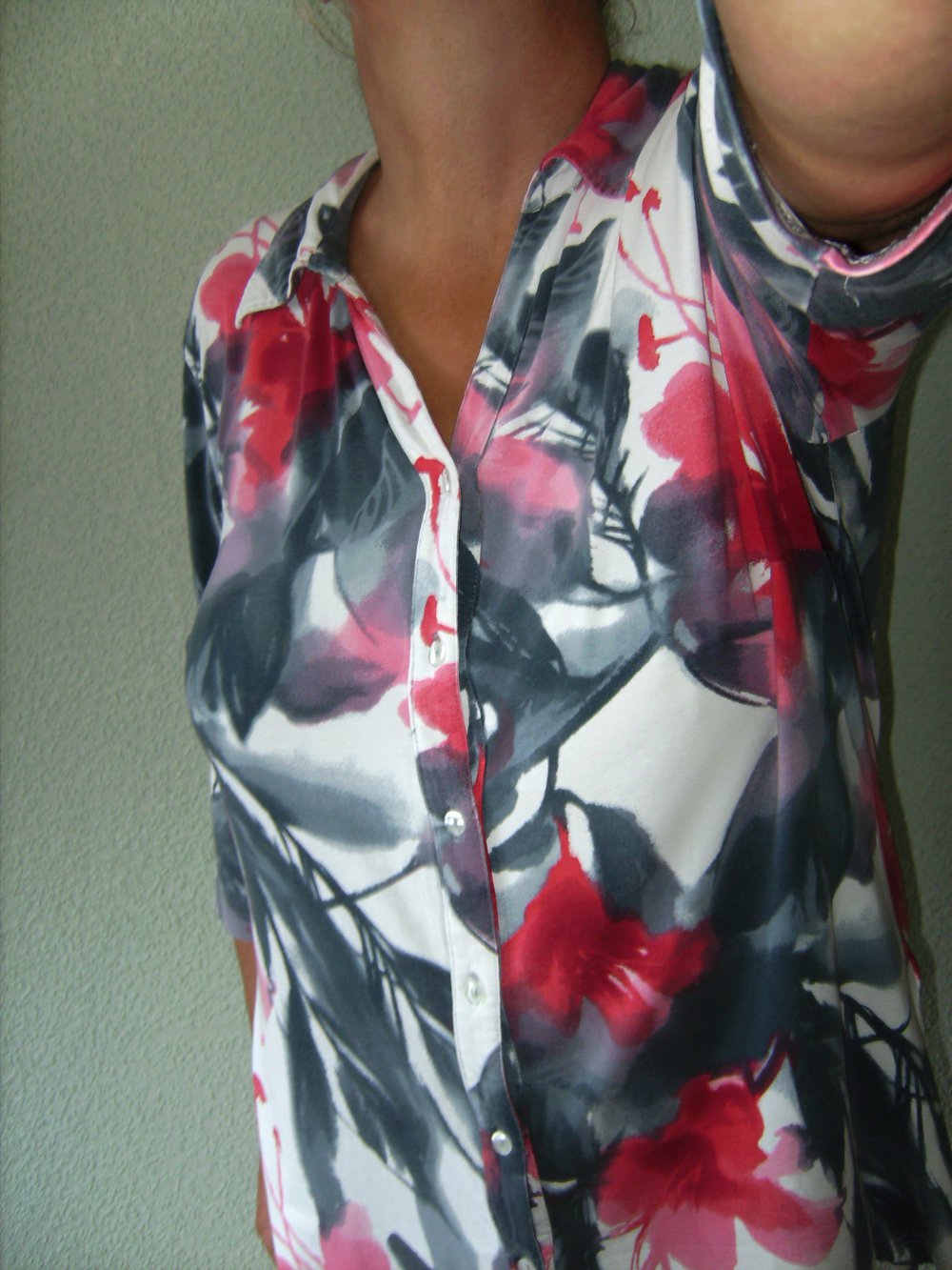 Shirt Oberteil, True Vintage, Hemdbluse, T-Shirt Halbarm Oversize, XL, Tunika Creativ Batik-Print, Blumen magenta-grau Jersey