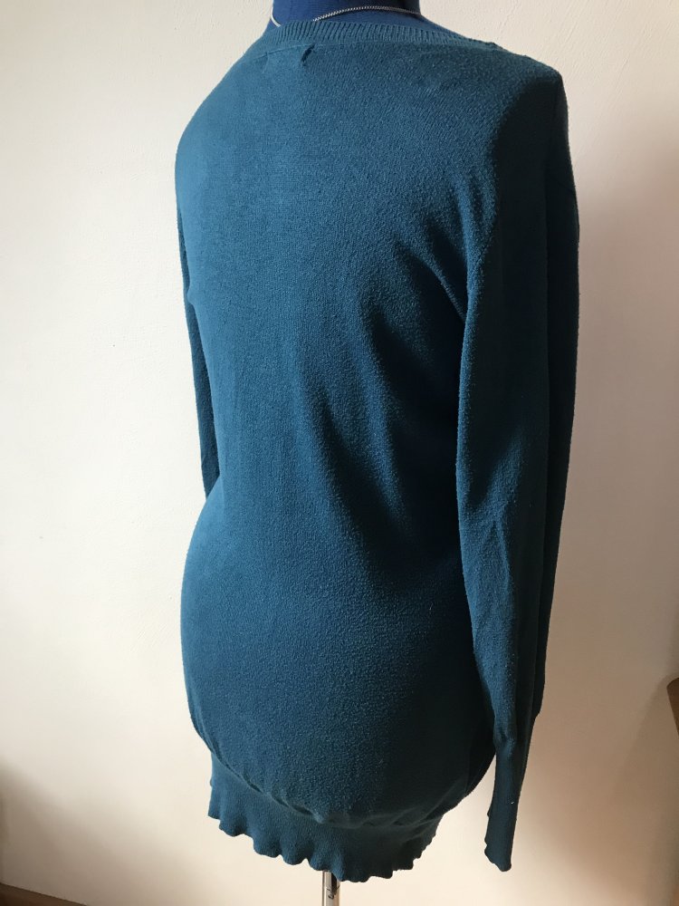 Longjacke Strickjacke Petrol 40/42 Weste Hüftlang Langarm V-Ausschnitt Feinstrick Cardigan blau