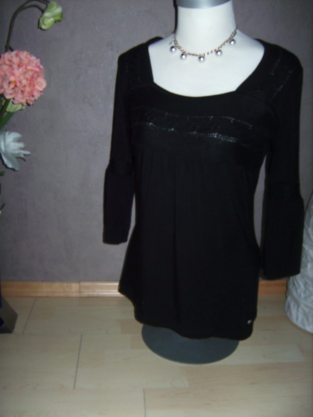 Shirt Tunika Street One Gr. 40, Peplum Ärmel, Passepartout U-Boot Kragen, Verziert, Volantärmel, feminin, romantic. Oberteil T-shirt Halbarm verspielt, Trompetenarm Street One, Strick Inlet`s