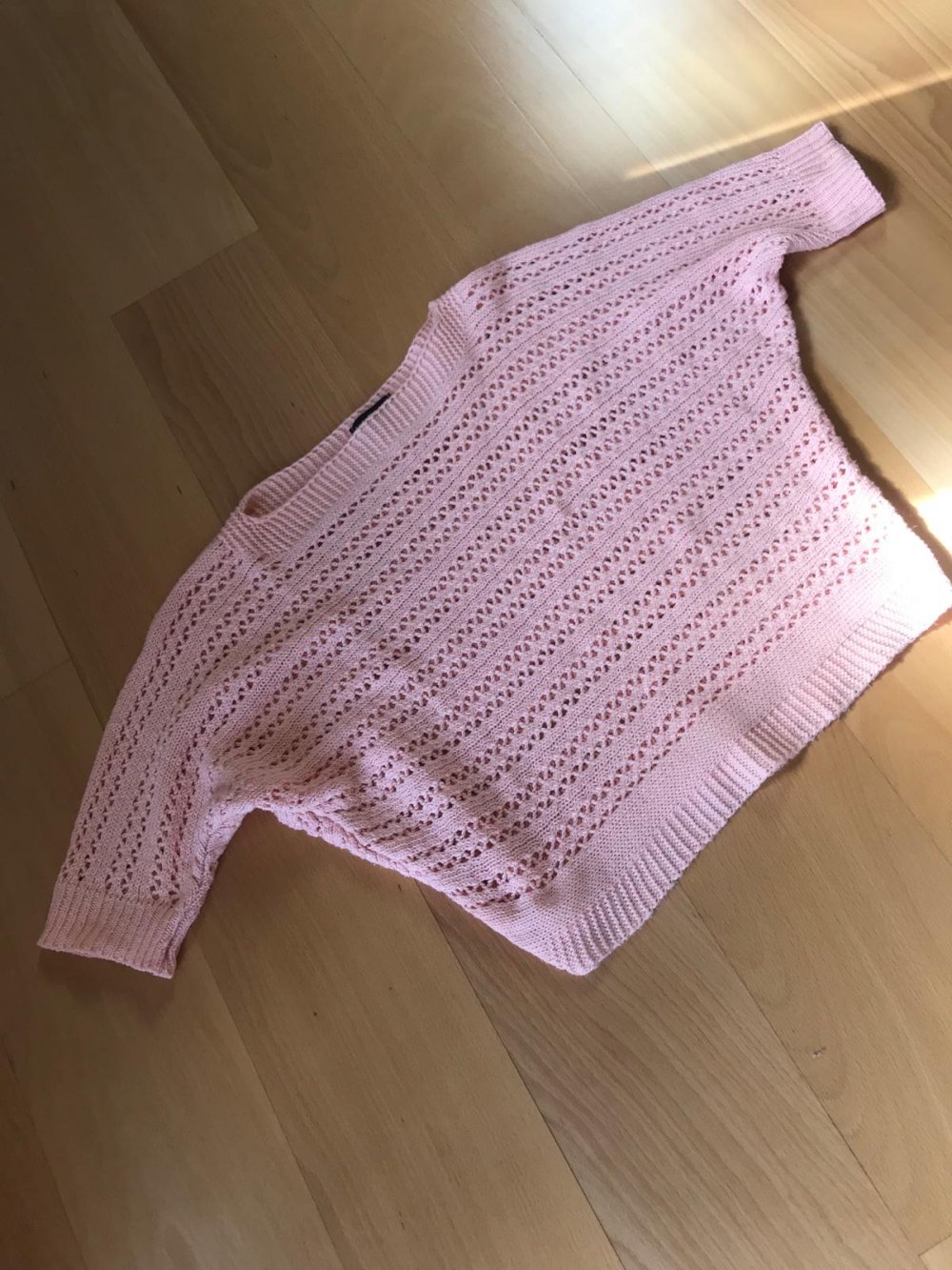 Strickmuster Makramee Halbarm Oberteil Fledermaus Pulli Pastell Piëch Strick Chic Retrodesign Croped S/M Zart rosé 