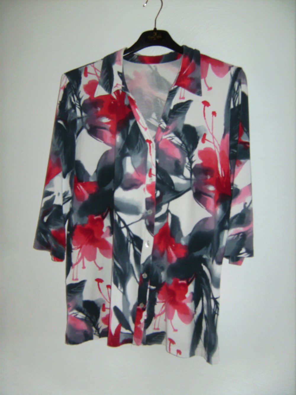Shirt Oberteil, True Vintage, Hemdbluse, T-Shirt Halbarm Oversize, XL, Tunika Creativ Batik-Print, Blumen magenta-grau Jersey