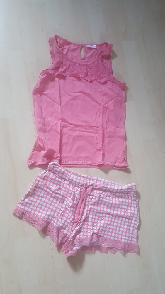 Shorty Lingerie 40/42, Top mit Pant, Set Rüsche Spitze lace optik Pantie mit Shirt, Duo 