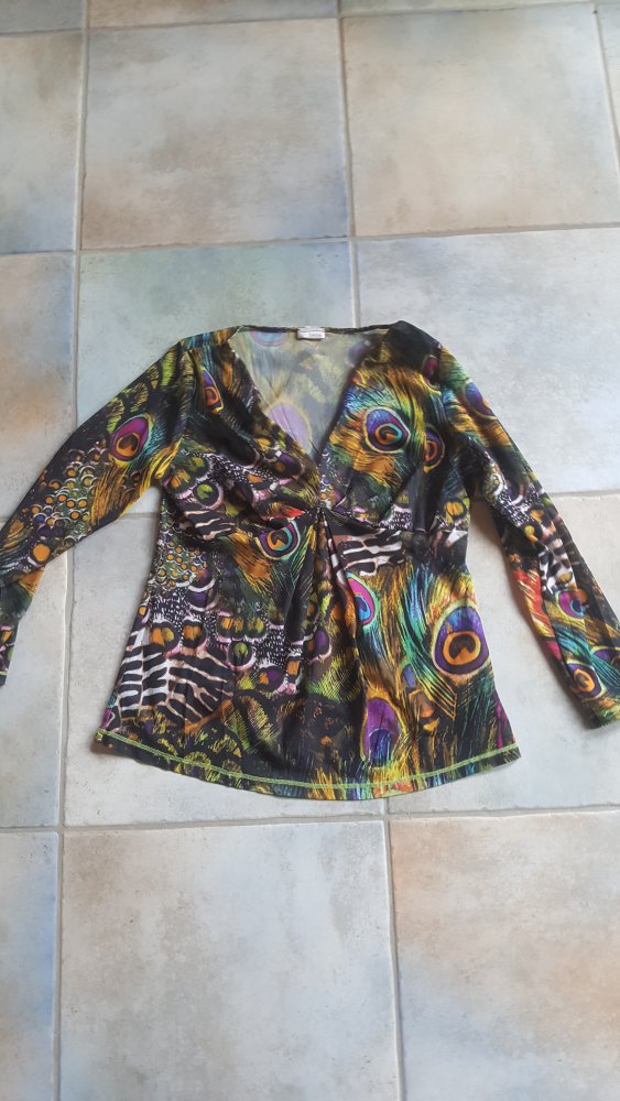 Tunika Oberteil Pfauenauge M Boho Retro Blusentop Schlupfbluse Shirt V-Ausschnitt