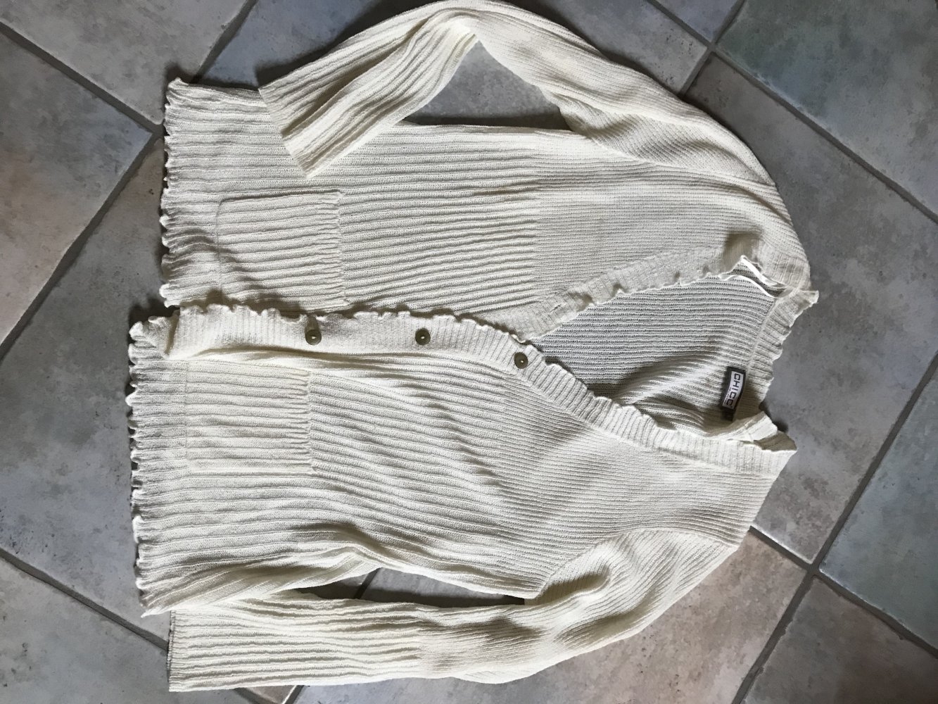 Strick Weste Cardigan Strickjacke Retrodesign Hellbeige L Rippstrick Volants Langarm Überzug V-Ausschnitt Wolljacke 